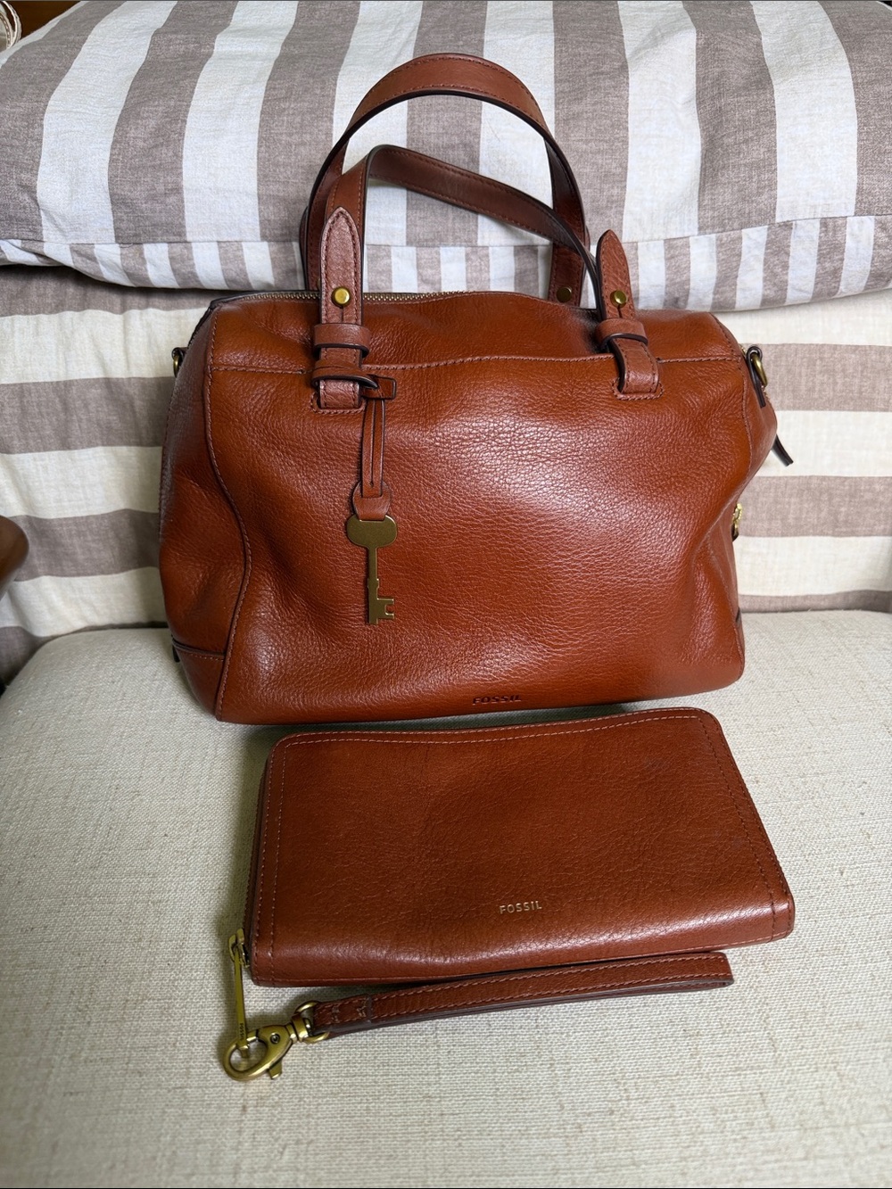 Fossil Brown Leather Satchel and Zip Wallet Set